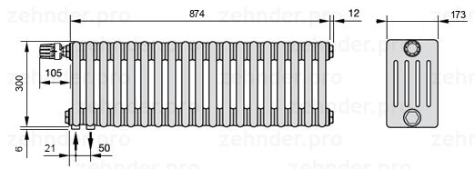 Схема (чертеж) Радиатор Zehnder Charleston 5030/19 №V001 Белый глянцевый RAL 9016